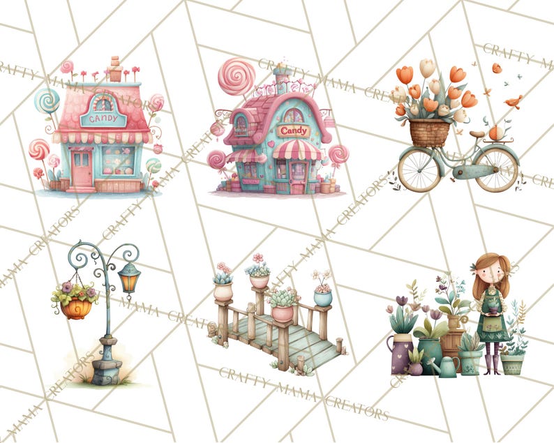 52 Png, Cute Neighborhood Clipart, Whimsical Town PNG, Houses Shops ...