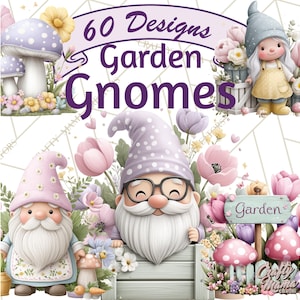 May include: A digital illustration featuring garden gnomes and floral elements. The image includes the text "60 Designs Garden Gnomes." The gnomes are depicted with long white beards, wearing hats and holding garden tools. The color palette includes pastel pinks, purples, and yellows.