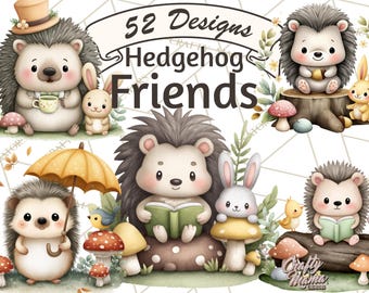 52 Png Whimsical Hedgehog Clipart, Cute Woodland Animals Clip Art, Forest Friends PNG, Neutral Forest Critters, Adorable Animal Illustration