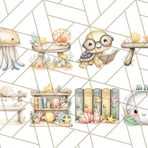 K&ouml;nnte beinhalten: Aquarellillustrationen von Meeresbewohnern und -objekten. Enth&auml;lt eine Qualle, eine Schildkr&ouml;te mit Brille, die ein Buch liest, ein B&uuml;cherregal und verschiedene dekorative Elemente wie Muscheln und Seesterne. Die Farbpalette ist weich und pastellfarben.