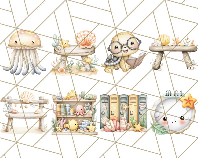 K&ouml;nnte beinhalten: Aquarellillustrationen von Meeresbewohnern und -objekten. Enth&auml;lt eine Qualle, eine Schildkr&ouml;te mit Brille, die ein Buch liest, ein B&uuml;cherregal und verschiedene dekorative Elemente wie Muscheln und Seesterne. Die Farbpalette ist weich und pastellfarben.