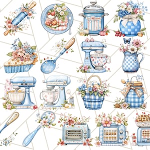 Blå Cottagecore kök Clipart, blommig kök PNG, vintage köksredskap, rustika rätter, lantliga matlagningselement, mysig köksinredning bild 9