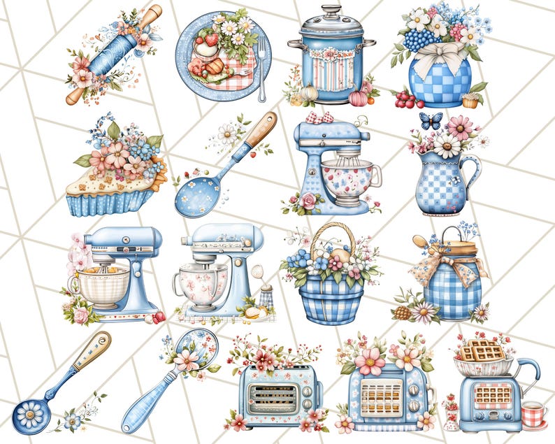 Blå Cottagecore kök Clipart, blommig kök PNG, vintage köksredskap, rustika rätter, lantliga matlagningselement, mysig köksinredning bild 9