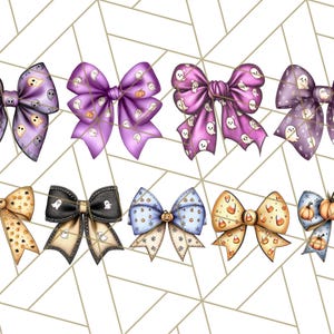 May include: A collection of ten decorative bows in various colors, including purple, black, gold, and blue. Each bow features Halloween-themed designs such as ghosts, pumpkins, and candy corn. The bows are arranged against a geometric background.
