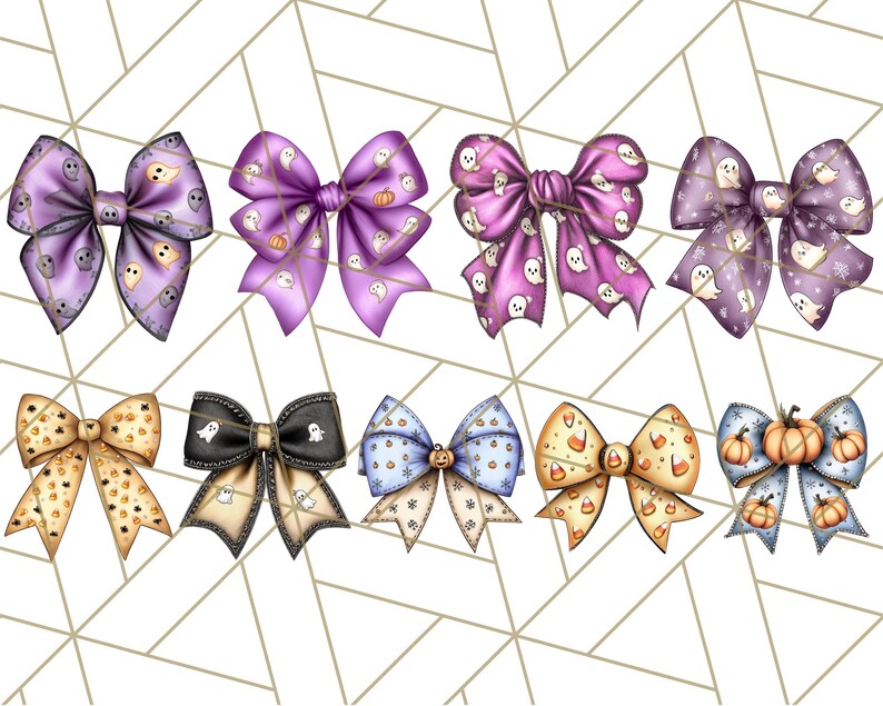 May include: A collection of ten decorative bows in various colors, including purple, black, gold, and blue. Each bow features Halloween-themed designs such as ghosts, pumpkins, and candy corn. The bows are arranged against a geometric background.