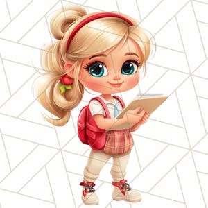 May include: A cartoon illustration of a young girl with blonde hair wearing a red headband, a white shirt, a red plaid skirt, and white shoes. She is carrying a red backpack and holding a book.