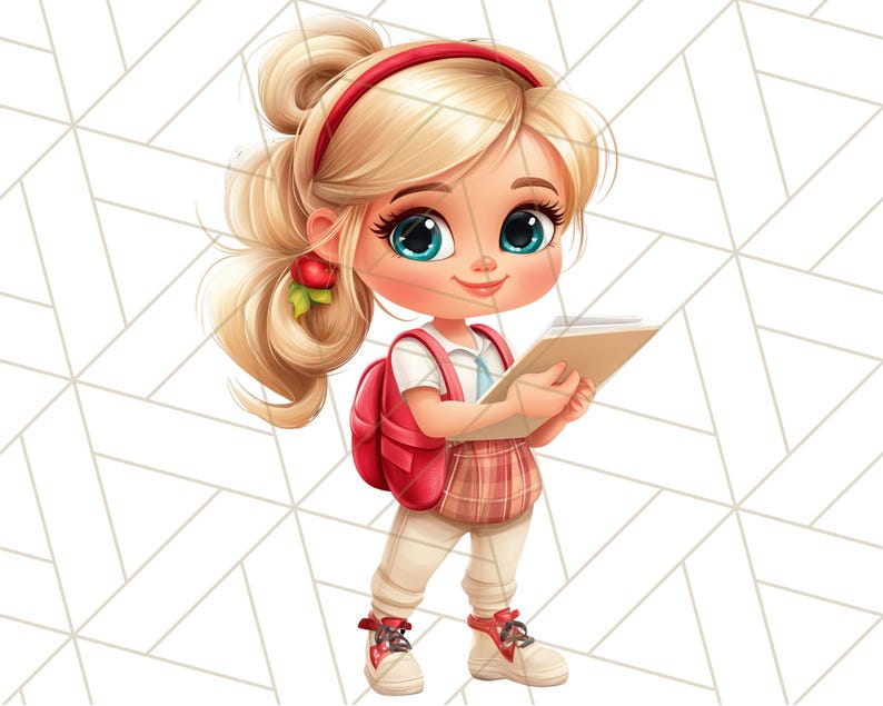 May include: A cartoon illustration of a young girl with blonde hair wearing a red headband, a white shirt, a red plaid skirt, and white shoes. She is carrying a red backpack and holding a book.