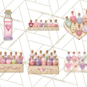 May include: A collection of decorative glass bottles with cork stoppers, filled with colorful liquids. Some bottles have heart-shaped designs. The bottles are arranged in wooden trays and a heart-shaped wooden base. The color palette includes pink, purple, and green.