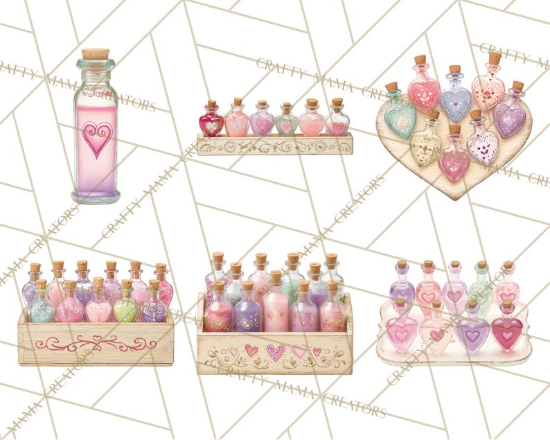 May include: A collection of decorative glass bottles with cork stoppers, filled with colorful liquids. Some bottles have heart-shaped designs. The bottles are arranged in wooden trays and a heart-shaped wooden base. The color palette includes pink, purple, and green.