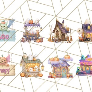 Peut inclure: Illustrations &agrave; l'aquarelle sur le th&egrave;me d'Halloween. Comprend une chauve-souris tenant une pancarte avec "Boo", une charrette remplie de fant&ocirc;mes, une maison de sorci&egrave;re et une maison avec des fant&ocirc;mes. Comprend &eacute;galement une citrouille avec "Creepy".