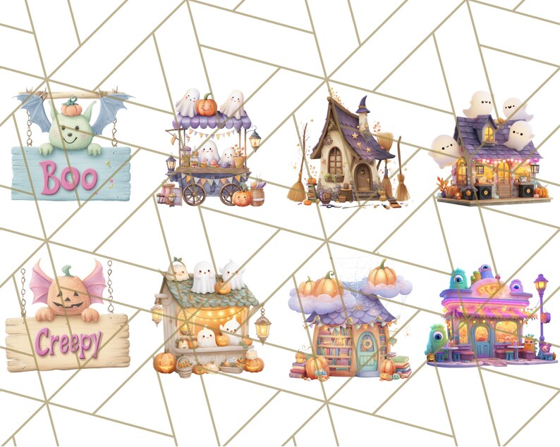 Peut inclure: Illustrations &agrave; l'aquarelle sur le th&egrave;me d'Halloween. Comprend une chauve-souris tenant une pancarte avec "Boo", une charrette remplie de fant&ocirc;mes, une maison de sorci&egrave;re et une maison avec des fant&ocirc;mes. Comprend &eacute;galement une citrouille avec "Creepy".