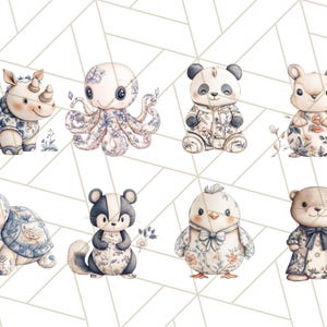 May include: A set of eight adorable animal illustrations, each wearing a blue and white floral patterned outfit. The animals include a rhinoceros, octopus, panda, squirrel, turtle, skunk, chick, and otter.