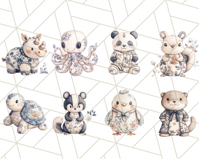 May include: A set of eight adorable animal illustrations, each wearing a blue and white floral patterned outfit. The animals include a rhinoceros, octopus, panda, squirrel, turtle, skunk, chick, and otter.