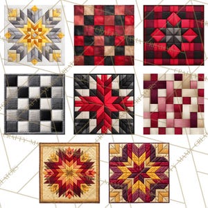 Peut inclure: Collection de carr&eacute;s matelass&eacute;s faits &agrave; la main, pr&eacute;sentant des motifs g&eacute;om&eacute;triques d'&eacute;toiles et de damiers. La palette de couleurs comprend le rouge, le noir, le blanc, le gris et l'or, avec diverses textures et coutures. Les carr&eacute;s sont dispos&eacute;s sur fond blanc.