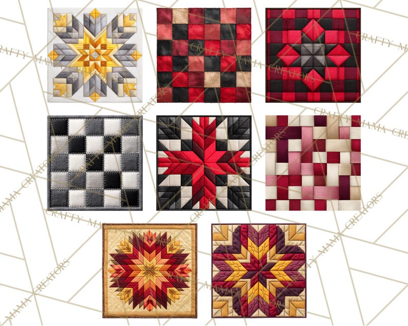 Peut inclure: Collection de carr&eacute;s matelass&eacute;s faits &agrave; la main, pr&eacute;sentant des motifs g&eacute;om&eacute;triques d'&eacute;toiles et de damiers. La palette de couleurs comprend le rouge, le noir, le blanc, le gris et l'or, avec diverses textures et coutures. Les carr&eacute;s sont dispos&eacute;s sur fond blanc.