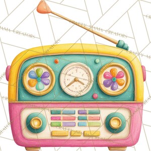 May include: A colorful, vintage-style radio illustration. The radio features a pink base, teal center, and yellow top. It has flower-shaped dials, a clock-like display, and a long antenna. The design is whimsical and retro.