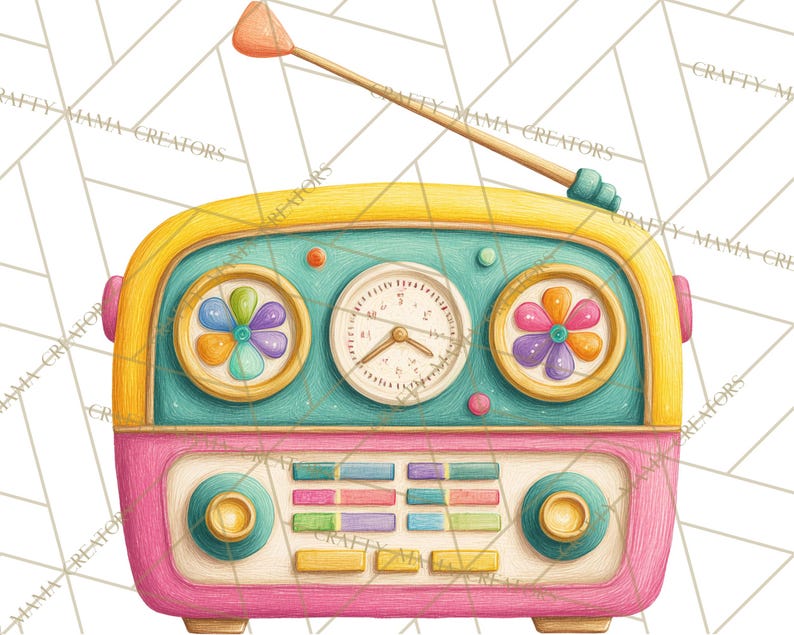 May include: A colorful, vintage-style radio illustration. The radio features a pink base, teal center, and yellow top. It has flower-shaped dials, a clock-like display, and a long antenna. The design is whimsical and retro.
