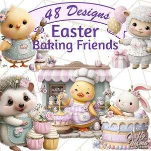 May include: A digital illustration featuring adorable Easter-themed characters. A chick, lamb, hedgehog, and bunny are depicted with baked goods and decorations. The image includes the text "48 Designs Easter Baking Friends."