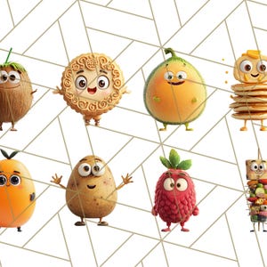 May include: A collection of cartoon food characters with smiling faces. The characters include a coconut, a mooncake, a melon, a stack of pancakes, an orange, a potato, a raspberry, and a skewer of food.