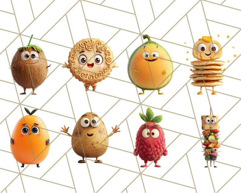 May include: A collection of cartoon food characters with smiling faces. The characters include a coconut, a mooncake, a melon, a stack of pancakes, an orange, a potato, a raspberry, and a skewer of food.