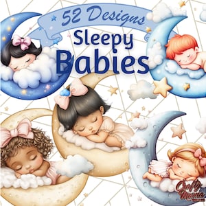 Clipart de bebé durmiendo, bebé con luna y estrellas PNG, lindo bebé durmiendo, clipart de bebé con cielo nocturno, gráficos de bebé de ensueño, arte infantil para bebés