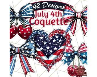 42 Png, Coquette 4th of July Clipart, Patriotic Hearts and Bows, Aesthetic PNG, Vintage USA Clip Art, Red White Blue Graphics