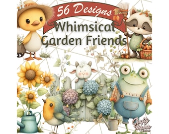 56 Whimsical Garden Friends Clipart PNGs, Cute Garden Characters, Bug and Flower Clip Art, Fairy Nature Illustrations