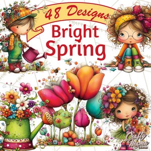 May include: A digital art image with the words "Bright Spring" and illustrations of children, flowers, and gardening tools. The image includes a watering can, tulips, and a girl with a flower crown. The text "48 Designs" is also present.