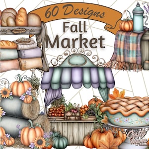 Könnte beinhalten: Illustration einer Herbstmarktszene mit Kürbissen, Heuballen und Backwaren. Das Bild zeigt einen Marktstand mit gestreifter Markise, einem Kuchen und dem Text "60 Designs Fall Market."