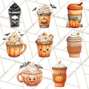 May include: A collection of watercolor illustrations featuring Halloween-themed coffee cups and mugs. The designs include a skull, pumpkins, bats, and candy corn, with a variety of whipped cream toppings. The color palette is primarily orange, black, and white.