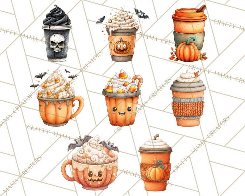May include: A collection of watercolor illustrations featuring Halloween-themed coffee cups and mugs. The designs include a skull, pumpkins, bats, and candy corn, with a variety of whipped cream toppings. The color palette is primarily orange, black, and white.