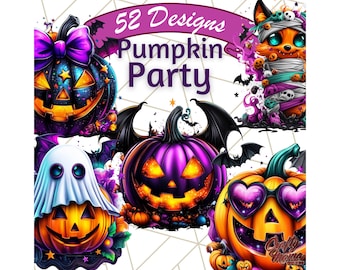 Pumpkin Party Halloween Clipart PNG, Bright Neon Cute Pumpkins and Critters Clip Art, Ghosts, Cats, Bats, Candy, Spooky Cute PNG