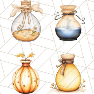 Puede incluir: Cuatro botellas de vidrio decorativas con l&iacute;quidos y dise&ntilde;os de diferentes colores. Las botellas tienen tapones de corcho y est&aacute;n atadas con cuerda. Las botellas est&aacute;n sobre un fondo blanco.