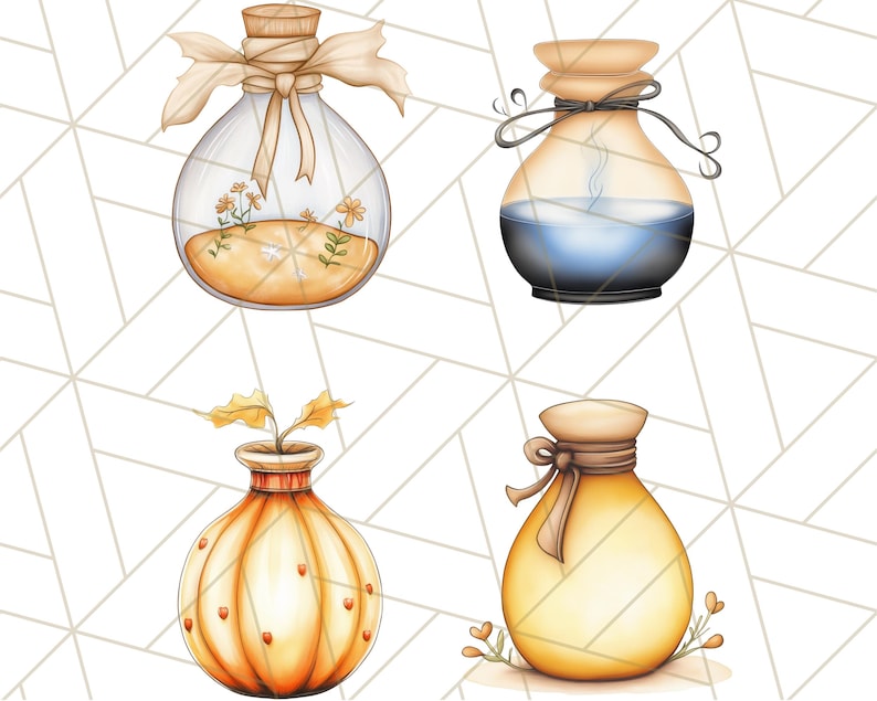 Puede incluir: Cuatro botellas de vidrio decorativas con l&iacute;quidos y dise&ntilde;os de diferentes colores. Las botellas tienen tapones de corcho y est&aacute;n atadas con cuerda. Las botellas est&aacute;n sobre un fondo blanco.