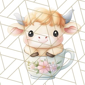 May include: A cute cartoon cow with blonde hair sits inside a floral teacup. The cow is white with pink ears and a brown nose. The teacup is blue and white with pink flowers.