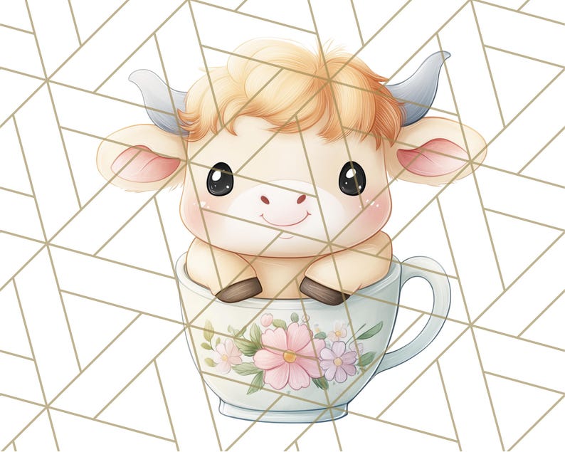 May include: A cute cartoon cow with blonde hair sits inside a floral teacup. The cow is white with pink ears and a brown nose. The teacup is blue and white with pink flowers.