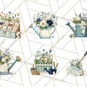 May include: A collection of watercolor illustrations featuring gardening tools and floral arrangements. The image includes a seed display, watering cans, a rake, and flower boxes, all adorned with blue and white flowers and decorative elements.