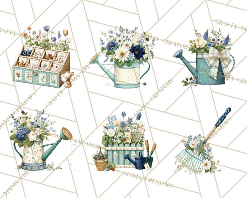 May include: A collection of watercolor illustrations featuring gardening tools and floral arrangements. The image includes a seed display, watering cans, a rake, and flower boxes, all adorned with blue and white flowers and decorative elements.