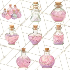 May include: A collection of glass potion bottles with cork stoppers. The bottles contain pink and purple liquids with decorative swirls, hearts, and stars. Some bottles are round, others heart-shaped, and one is hourglass-shaped.
