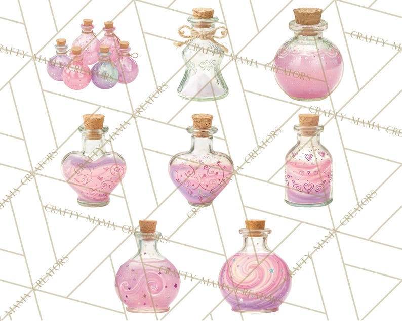 May include: A collection of glass potion bottles with cork stoppers. The bottles contain pink and purple liquids with decorative swirls, hearts, and stars. Some bottles are round, others heart-shaped, and one is hourglass-shaped.