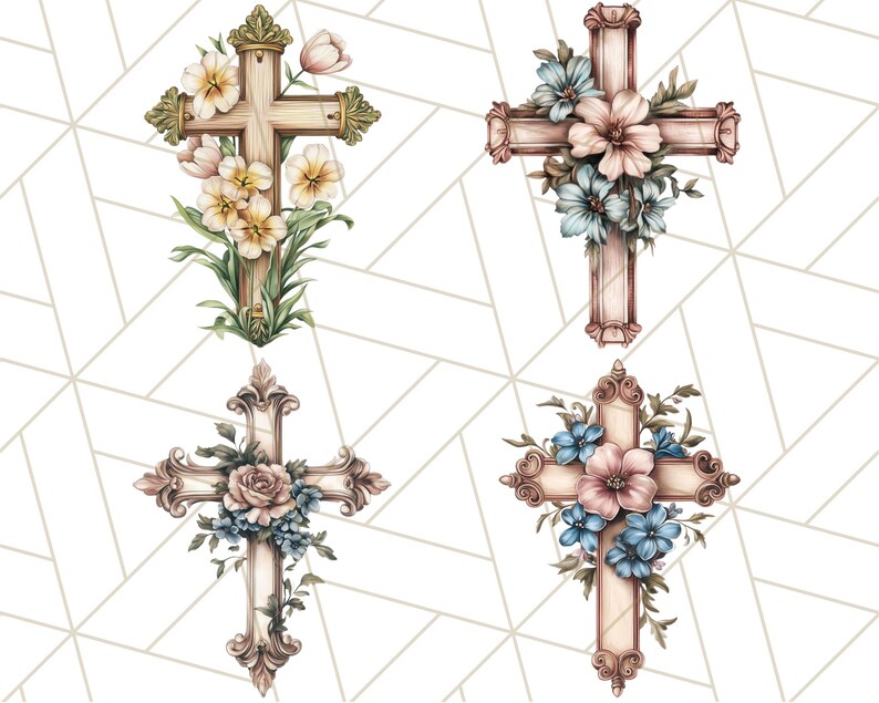 Aquarel bloemen christelijk kruis PNG, religieuze clipart voor sublimatie, op geloof gebaseerde digitale download, afdrukbare paaskruis, bloemenkruis afbeelding 10