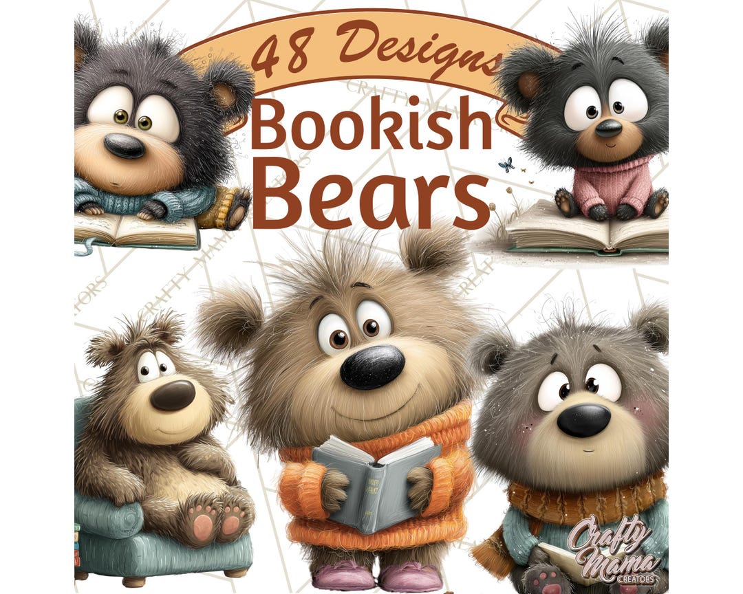 48 PNG, Bookish Bears PNG Clipart, Cozy Bear Reading, Cartoon Bears ...