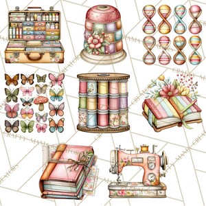 May include: Watercolor illustrations of sewing and crafting supplies. Includes a vintage sewing machine, a sewing kit, spools of thread, a thimble, butterflies, and hourglasses. The items are in pastel colors.