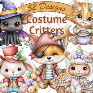 52 Png, Costumed Critters Halloween Clipart, Cute Animal Clip Art PNG, Dressed Up Halloween Animals, Soft Fall Clipart, Trick or Treat PNG