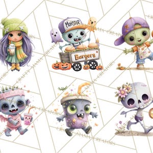 Peut inclure: Illustrations &agrave; l'aquarelle de personnages d'Halloween mignons. Une fille aux cheveux violets et un chapeau vert, un zombie vendant des hamburgers, un zombie avec une citrouille, un zombie avec des ailes, un zombie dans une tasse et un squelette avec une lanterne.