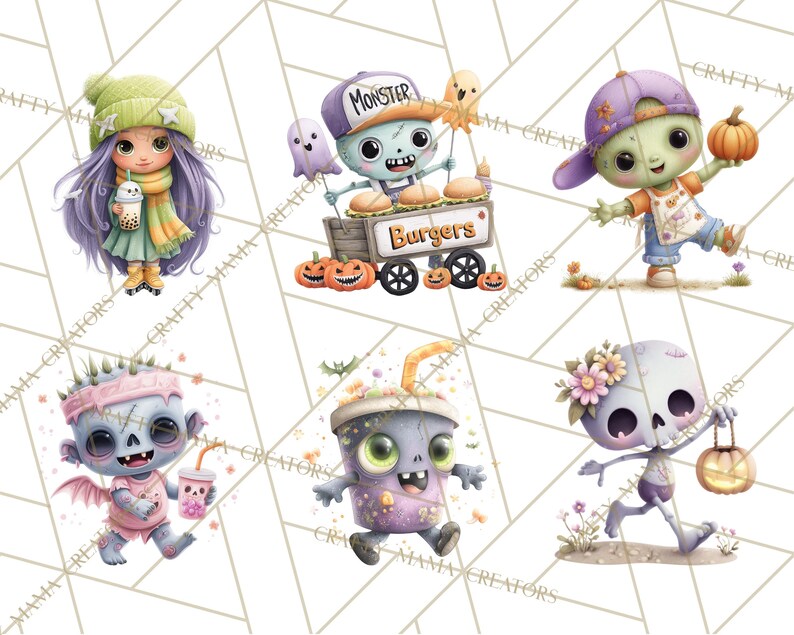 Peut inclure: Illustrations &agrave; l'aquarelle de personnages d'Halloween mignons. Une fille aux cheveux violets et un chapeau vert, un zombie vendant des hamburgers, un zombie avec une citrouille, un zombie avec des ailes, un zombie dans une tasse et un squelette avec une lanterne.