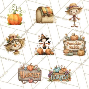 May include: Watercolor illustrations of fall-themed elements. Includes pumpkins, scarecrows, a hay bale with a plaid blanket, and signs that read "Pumpkin Patch" and "Harvest". The color palette features warm oranges, greens, and browns.