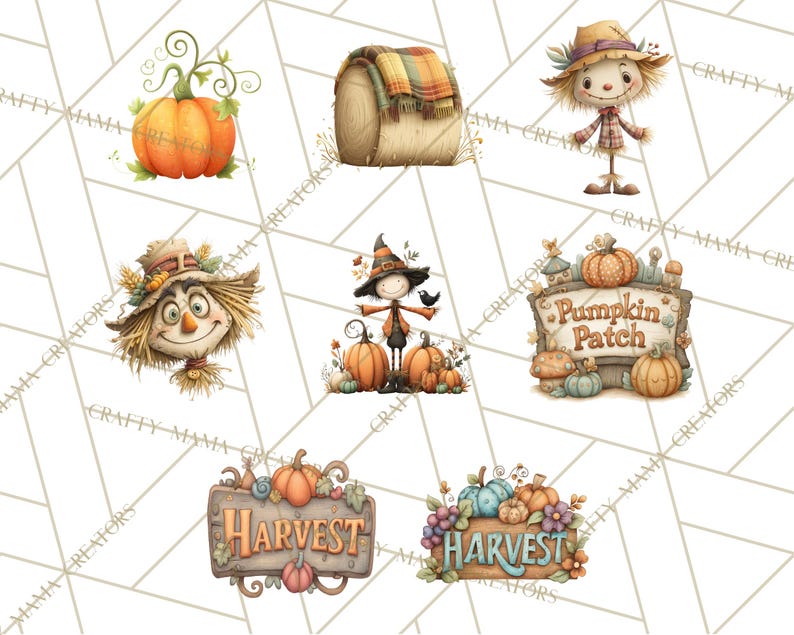 May include: Watercolor illustrations of fall-themed elements. Includes pumpkins, scarecrows, a hay bale with a plaid blanket, and signs that read "Pumpkin Patch" and "Harvest". The color palette features warm oranges, greens, and browns.