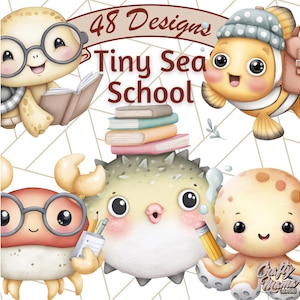 K&ouml;nnte beinhalten: Aquarellillustration mit entz&uuml;ckenden Meeresbewohnern zum Thema Schule. Eine Schildkr&ouml;te liest ein Buch, ein Clownfisch tr&auml;gt einen Rucksack und eine Krabbe h&auml;lt Bleistifte. Der Text "48 Designs Tiny Sea School" ist enthalten.