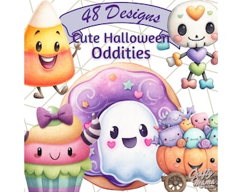 48 Png, Cute Halloween Clipart, Smiling Candy and Ghost PNGs, Pastel Halloween Graphics for Kids Crafts, Stickers, and Party Decor